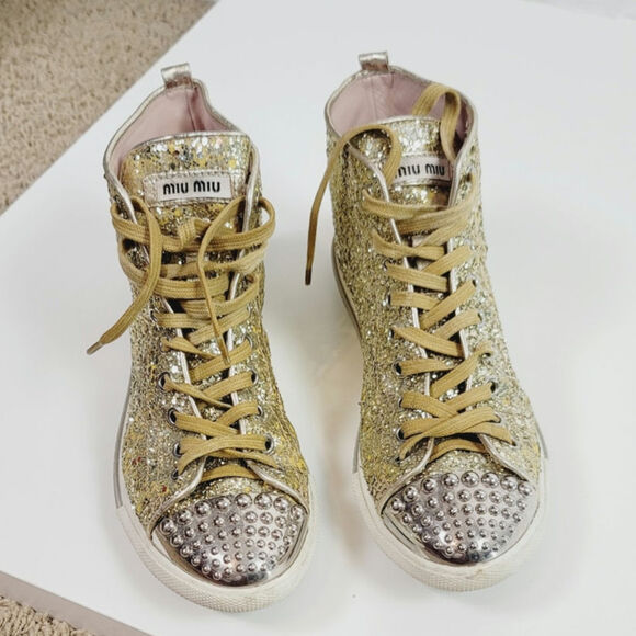 MIU MIU Gold Glitter High Tops w Silver Studded Cap Toe Sneakers, sz 38 EU/ 8 US - Picture 1 of 16